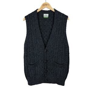 Shannon Woolen Mills Cable Knit Wool Sweater Vest Fisherman Ireland M Dark Gray